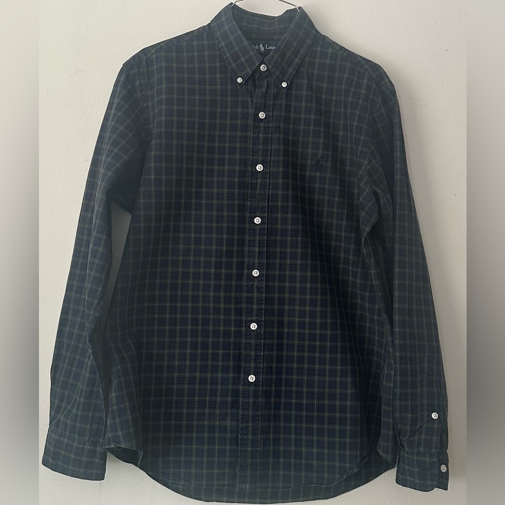 Ralph Lauren Shirt Mens XL Blue Green Plaid Cotton Button Up Oxford